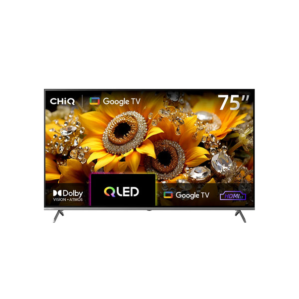 CHiQ 75-inch QLED Google TV U75QM10 with Dolby Vision Atmos, featuring a vibrant display.